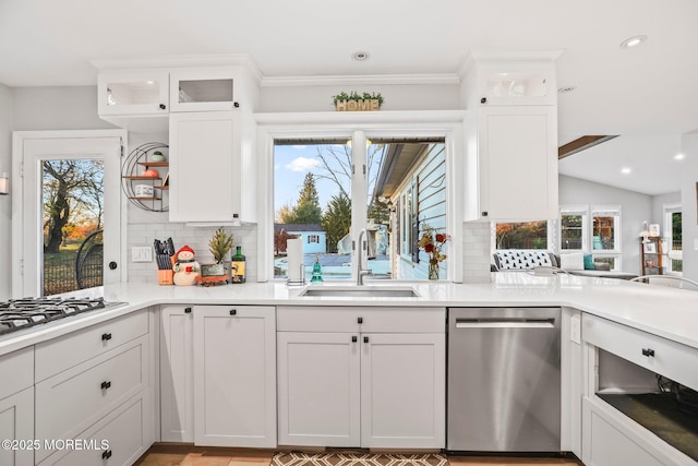 kitchen featuring white cabinetry, decorative backsplash, sink, and stainless steel appliances