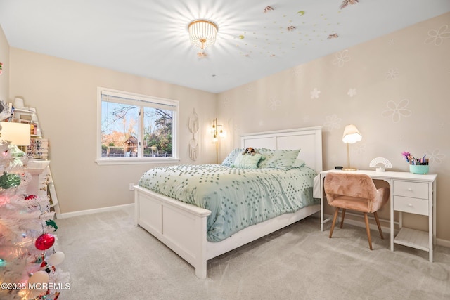 bedroom featuring light colored carpet