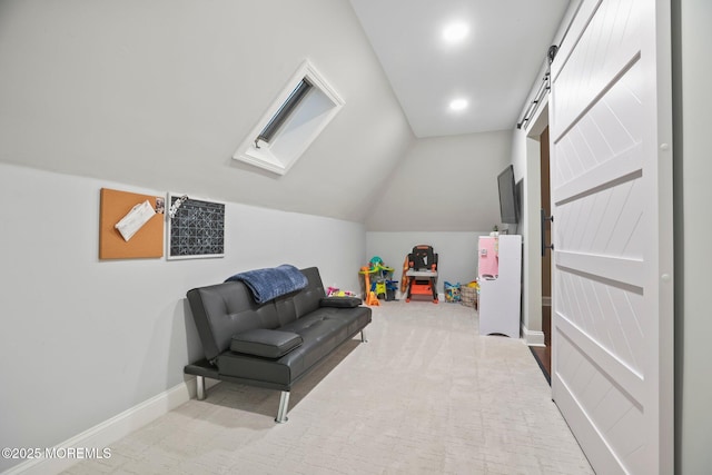 game room featuring light carpet, a barn door, and lofted ceiling