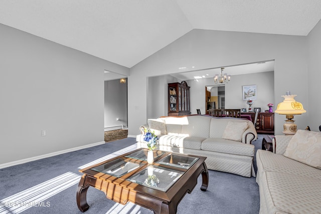 carpeted living room with a chandelier, lofted ceiling, and a baseboard heating unit