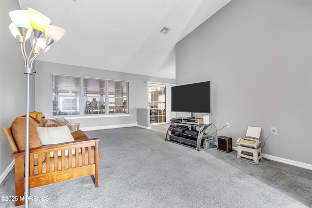 carpeted living room with a textured ceiling and vaulted ceiling