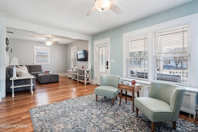 living room featuring wood-type flooring and ceiling fan