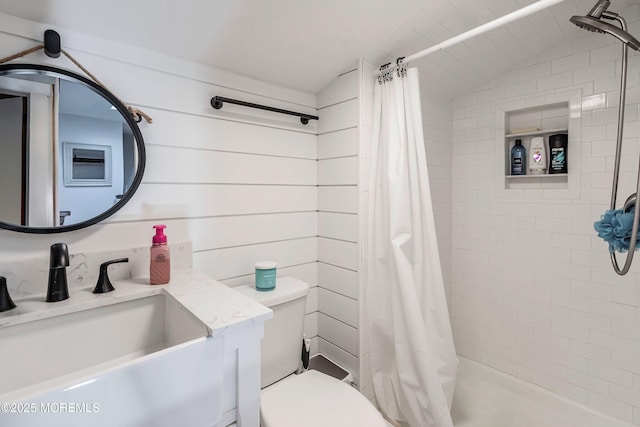 bathroom with wood walls, toilet, sink, and walk in shower