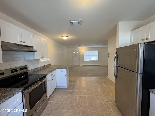 kitchen with white cabinetry, a baseboard heating unit, stainless steel appliances, decorative backsplash, and kitchen peninsula