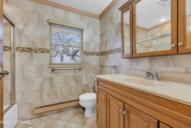 full bathroom with baseboard heating, tile walls, ornamental molding, tile patterned floors, and toilet