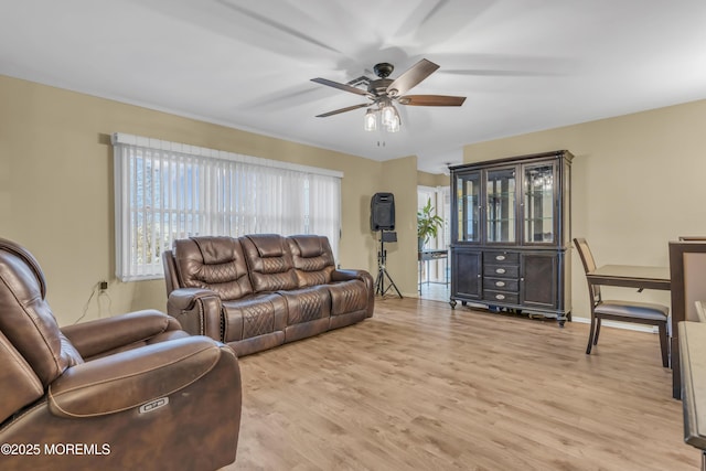 living room with ceiling fan and light hardwood / wood-style floors