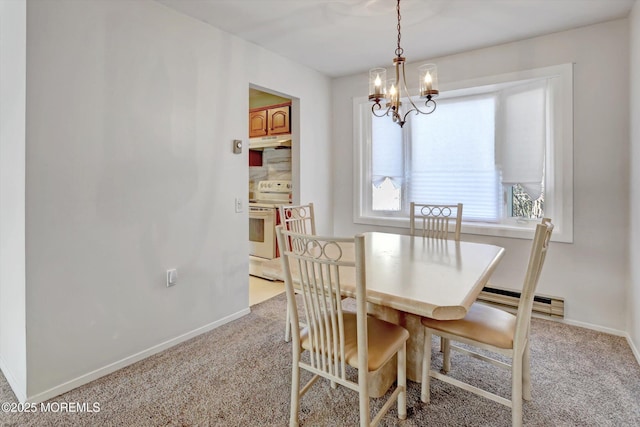 dining area featuring a notable chandelier, light colored carpet, and baseboard heating