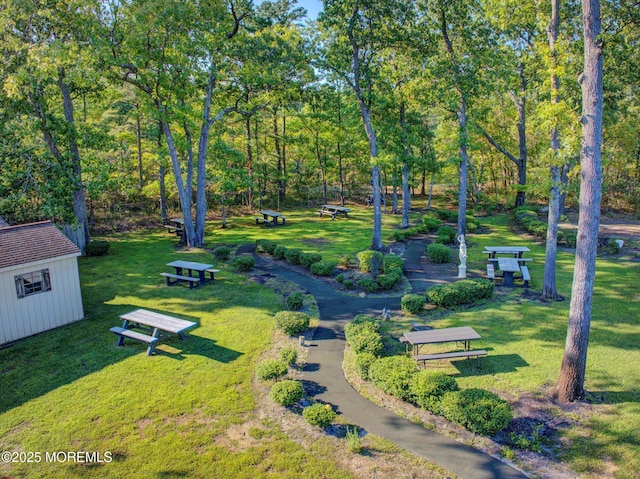 view of property's community with a storage unit and a lawn