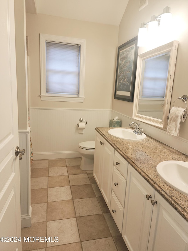 bathroom with vanity, lofted ceiling, and toilet