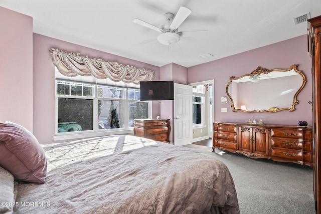 bedroom with ceiling fan and carpet floors