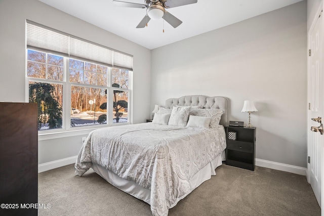 bedroom with ceiling fan and carpet