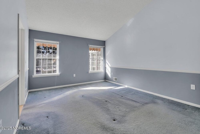 carpeted spare room with vaulted ceiling and a textured ceiling