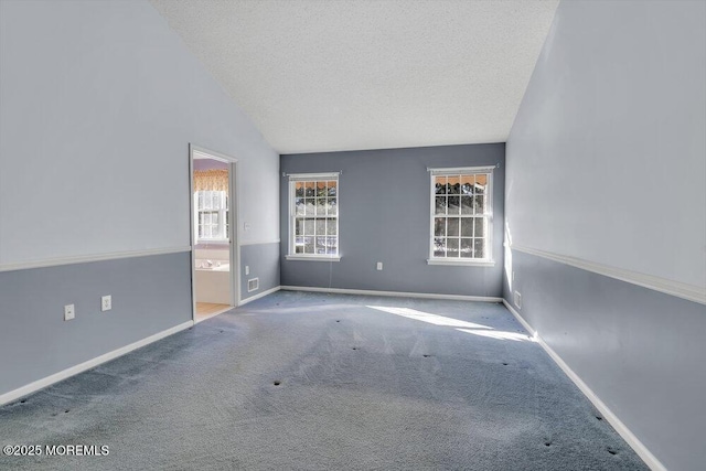 carpeted spare room with vaulted ceiling and a textured ceiling