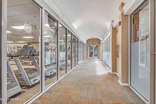 hall featuring vaulted ceiling and carpet