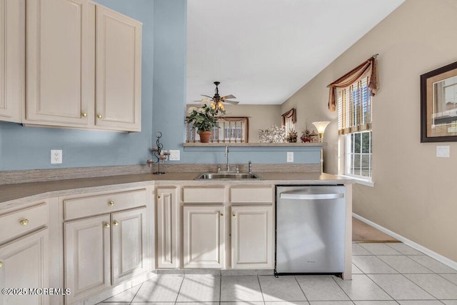 kitchen with sink, light tile patterned floors, dishwasher, kitchen peninsula, and ceiling fan