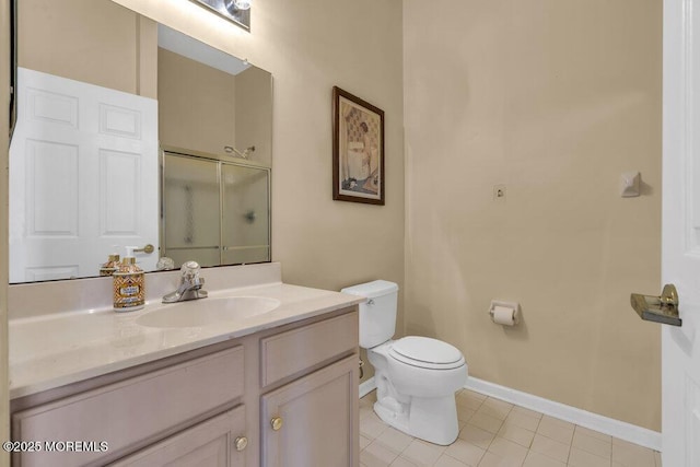 bathroom featuring tile patterned flooring, vanity, an enclosed shower, and toilet