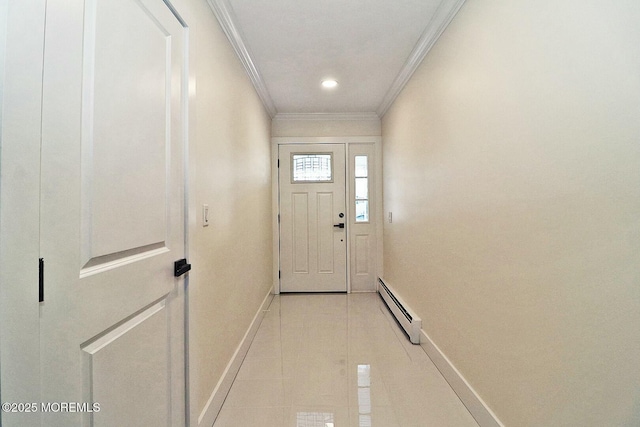 doorway featuring light tile patterned floors, crown molding, and a baseboard heating unit