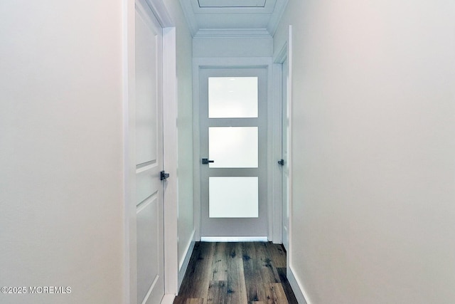 hallway with crown molding and dark wood-type flooring