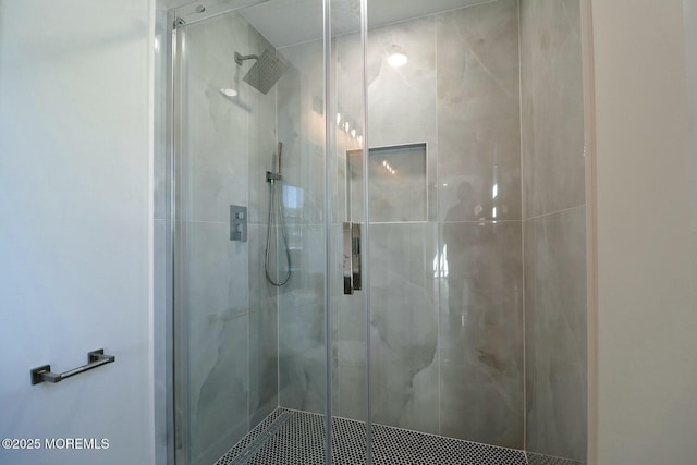 bathroom featuring a shower with door