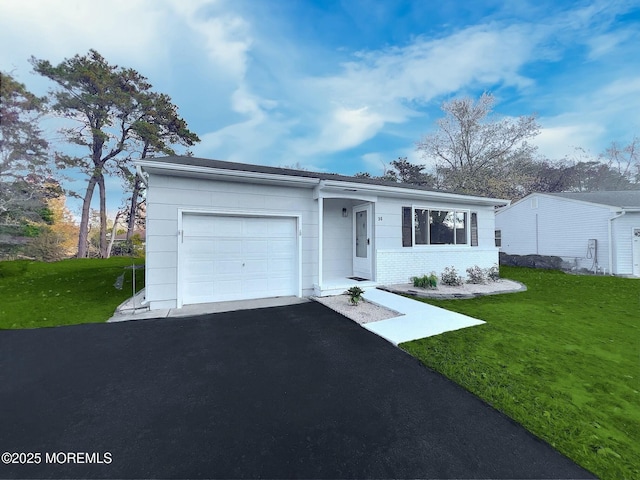 single story home with a garage and a front lawn