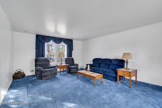 living room featuring dark colored carpet