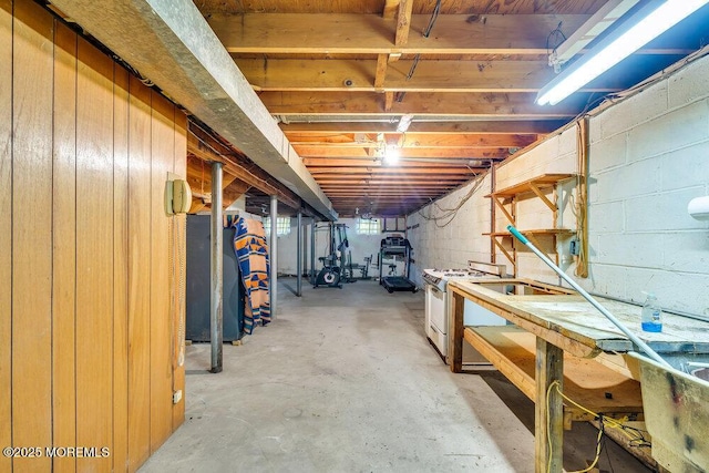 basement with a workshop area