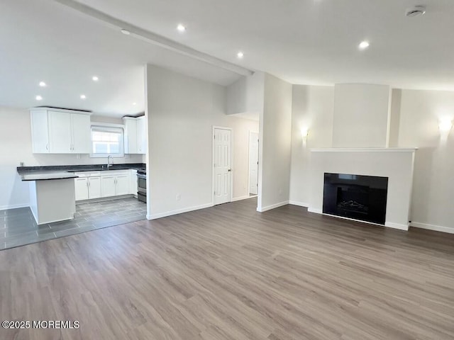 unfurnished living room featuring dark wood-type flooring and sink