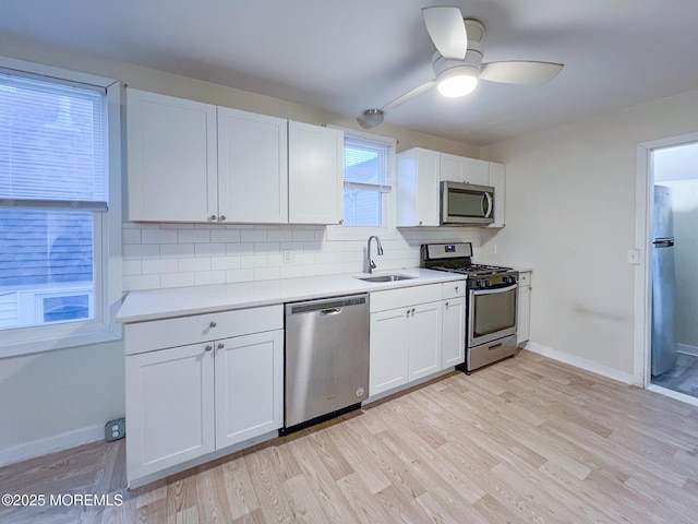 kitchen featuring white cabinets, sink, tasteful backsplash, light hardwood / wood-style floors, and stainless steel appliances