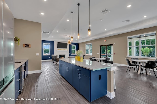 kitchen with a kitchen island, dark hardwood / wood-style flooring, blue cabinetry, and a tray ceiling