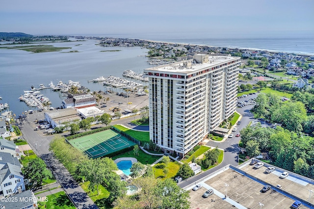 aerial view featuring a water view