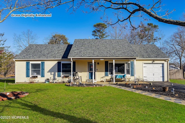 view of front of home featuring a front yard, a porch, and a garage