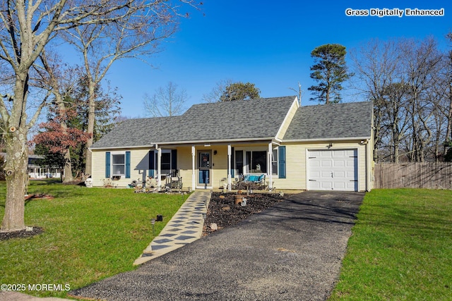 ranch-style house featuring a front yard, a garage, and a porch