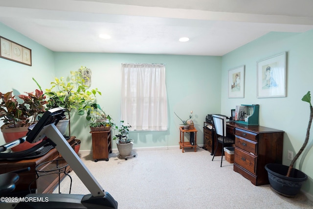 home office featuring light colored carpet