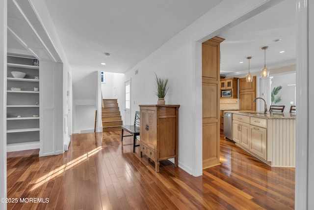 interior space with built in shelves, dark hardwood / wood-style flooring, and sink