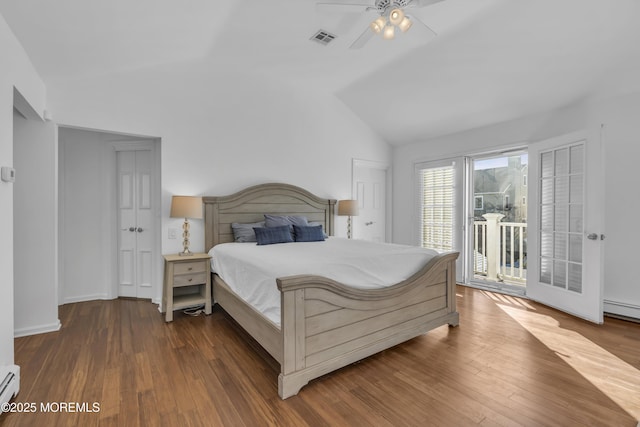 bedroom with vaulted ceiling, ceiling fan, dark wood-type flooring, access to outside, and a baseboard radiator