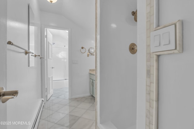 bathroom featuring vanity, a baseboard radiator, and a shower