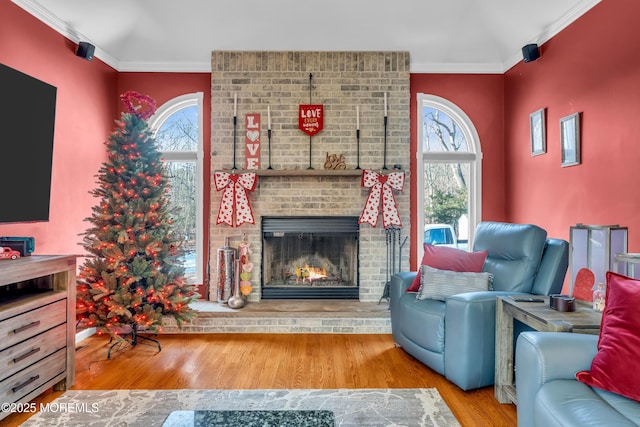 living room with hardwood / wood-style flooring, a healthy amount of sunlight, and crown molding