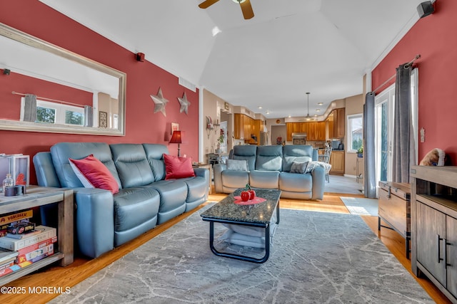 living room featuring ceiling fan, crown molding, and light hardwood / wood-style flooring