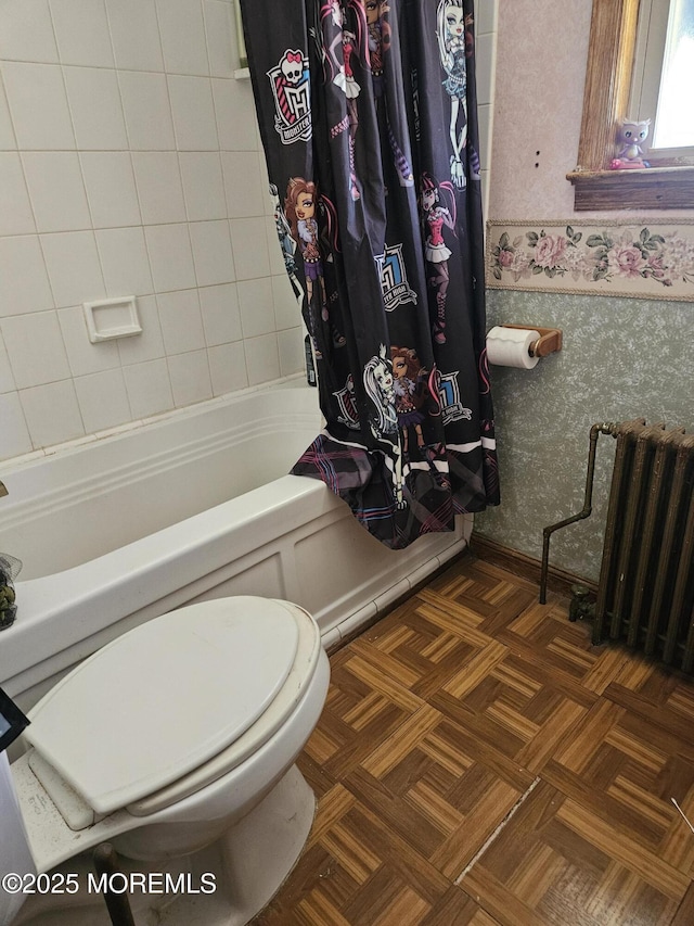 bathroom featuring shower / bathtub combination with curtain, toilet, radiator heating unit, and parquet floors