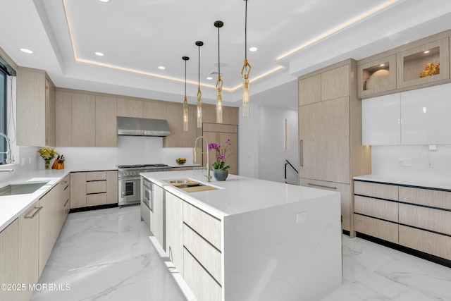 kitchen with light brown cabinets, a tray ceiling, a kitchen island with sink, and sink