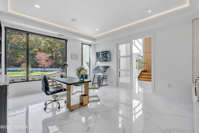 dining room with a raised ceiling