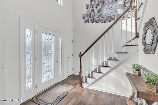 foyer featuring plenty of natural light, wood-type flooring, and a towering ceiling