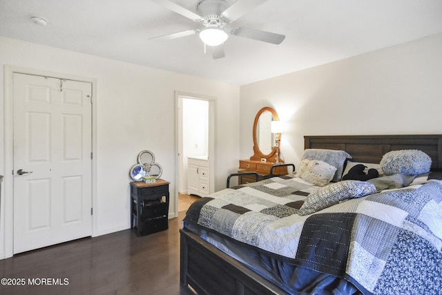 bedroom with ceiling fan, dark wood-type flooring, and a closet