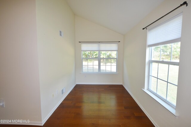 spare room featuring dark hardwood / wood-style flooring, vaulted ceiling, and a wealth of natural light