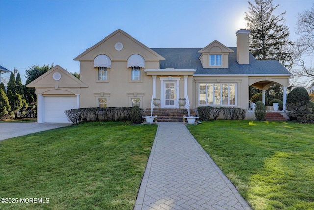 view of front of house featuring a garage and a front lawn