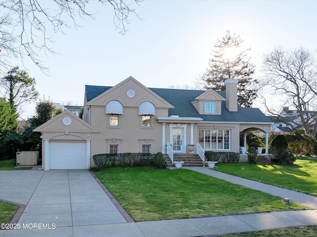 view of front of house featuring a garage, covered porch, and a front lawn