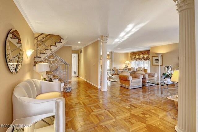 interior space featuring parquet floors, crown molding, and decorative columns