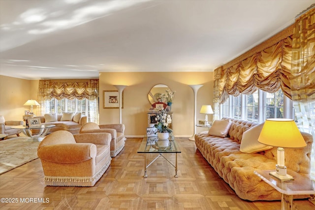 living room featuring light parquet flooring