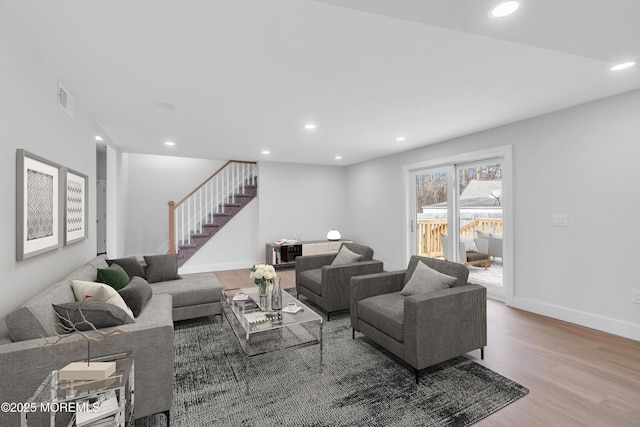 23A Stoney Hill Rd, Cream Ridge, NJ 08514 - living room featuring recessed lighting, stairs, wood finished floors, and visible vents