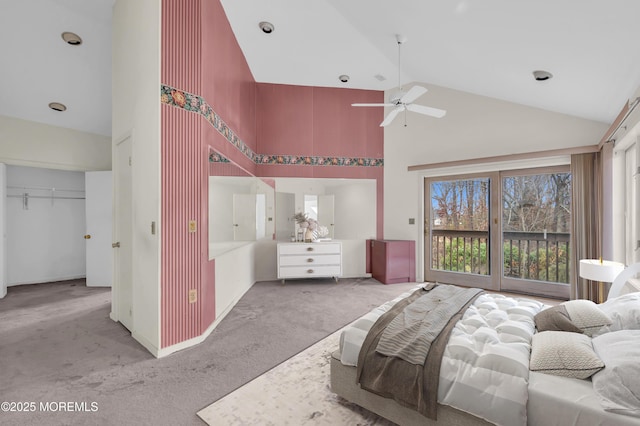 carpeted bedroom featuring multiple windows, ceiling fan, and high vaulted ceiling